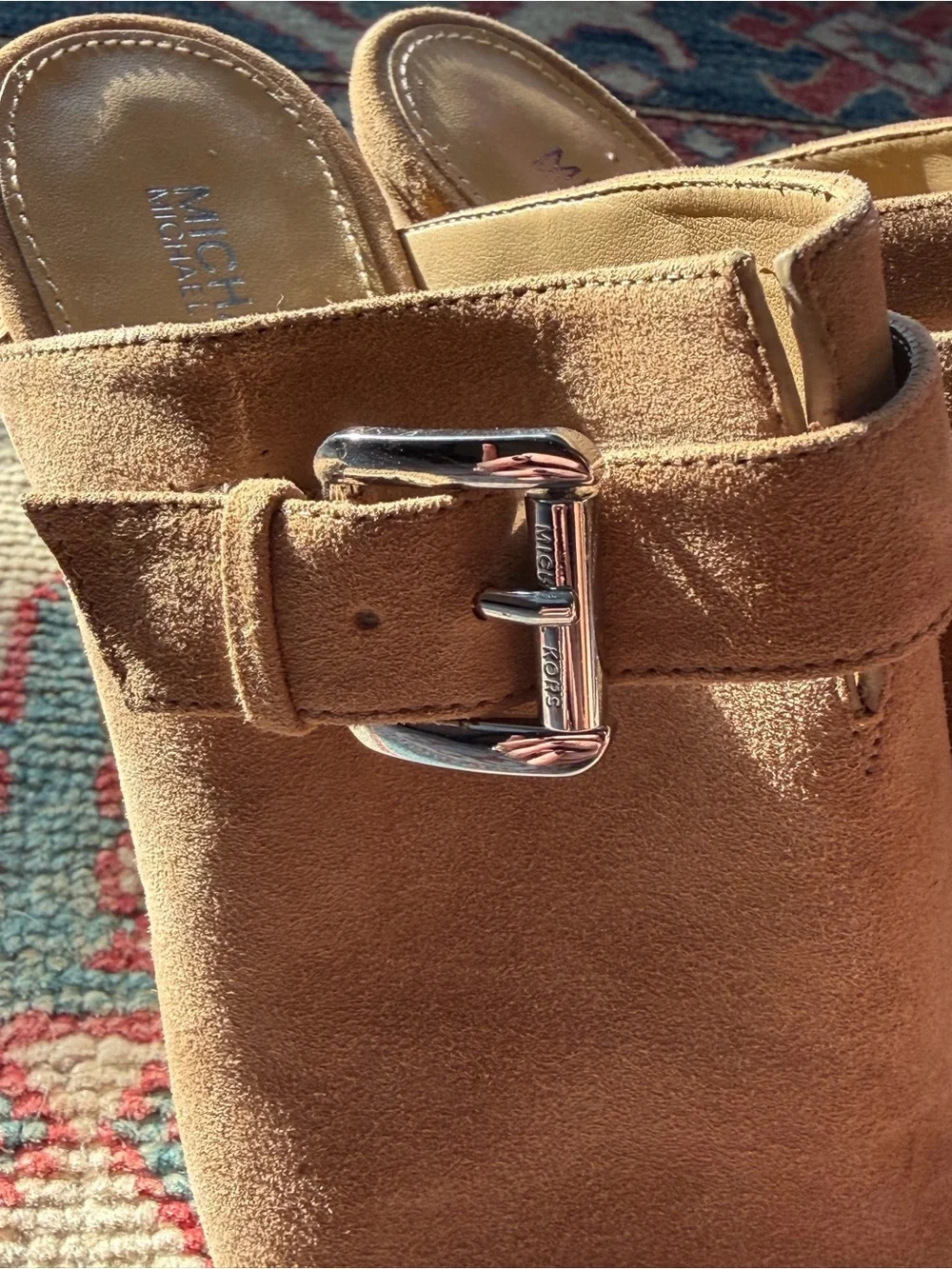 Michael Kors Tan Suede Open-Toe Buckle Mule Heels